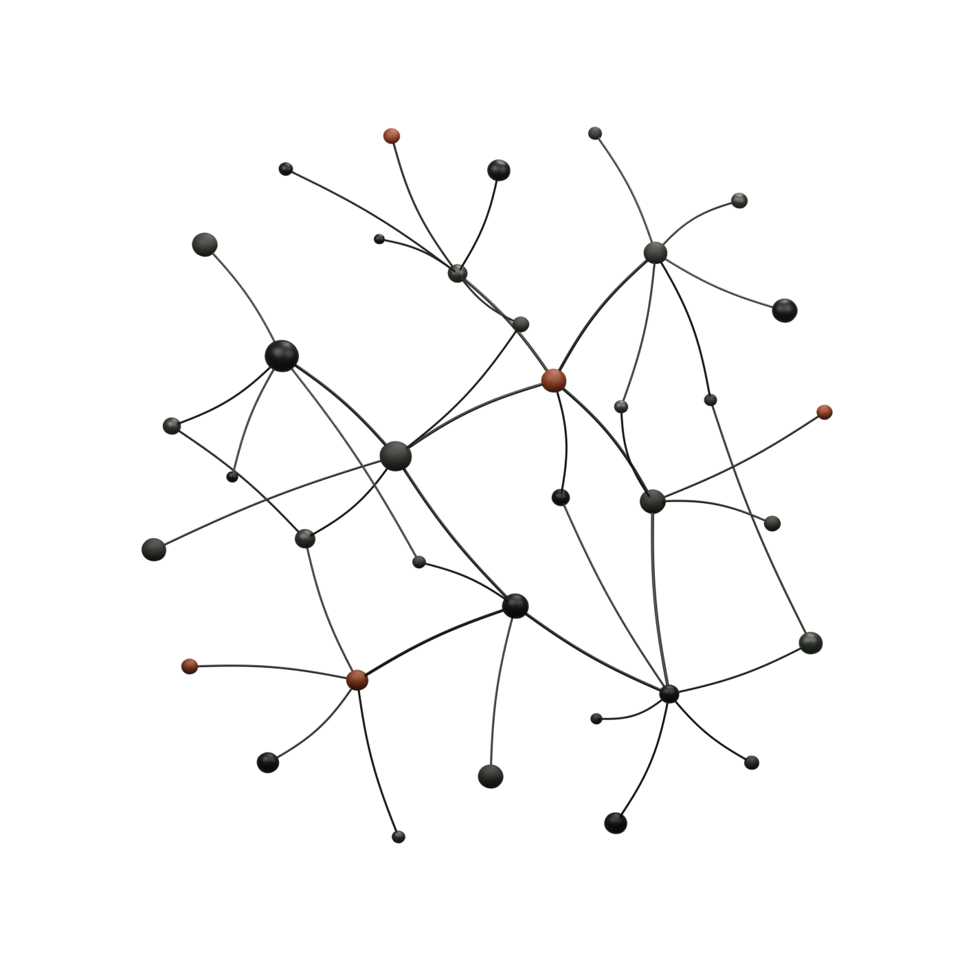 An open network of small dark clay and metal nodes joined by fine connections, with rust accents.