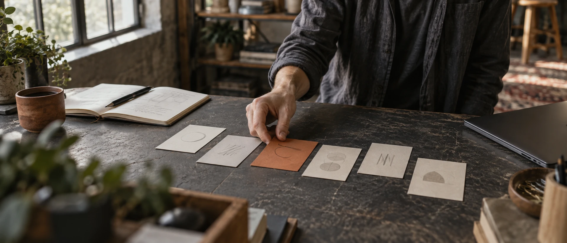 A person rearranges a rust-colored card among a sequence of cards on a textured worktable.