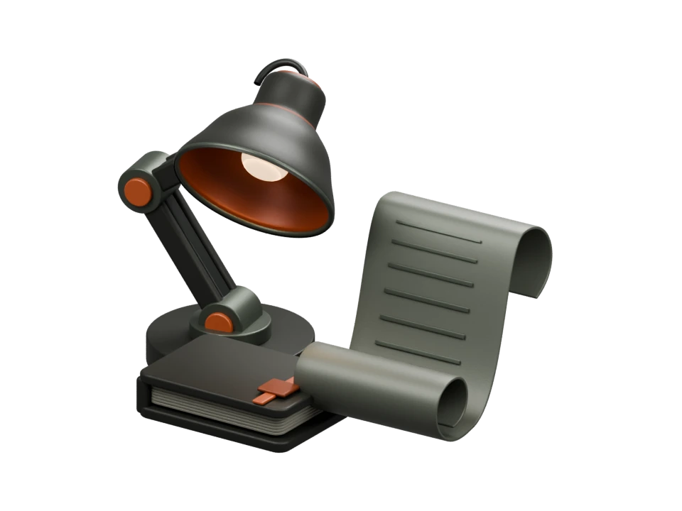 A desk lamp over a scroll and closed work ledger.