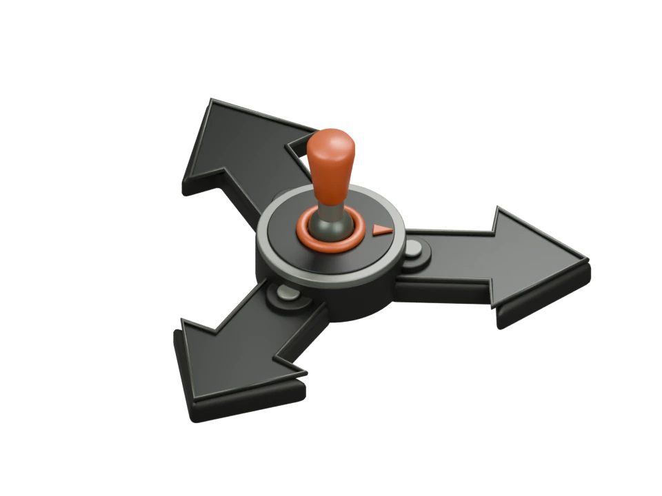 An orange joystick surrounded by three metal arrows.
