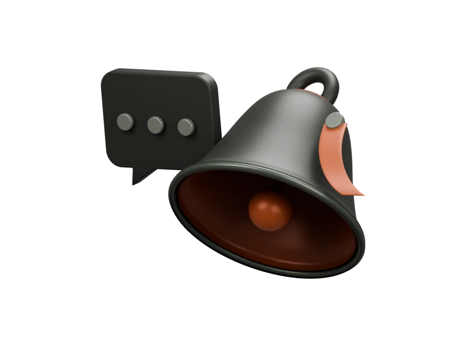 A reminder bell, conversation dots, orange ribbon and clapper.