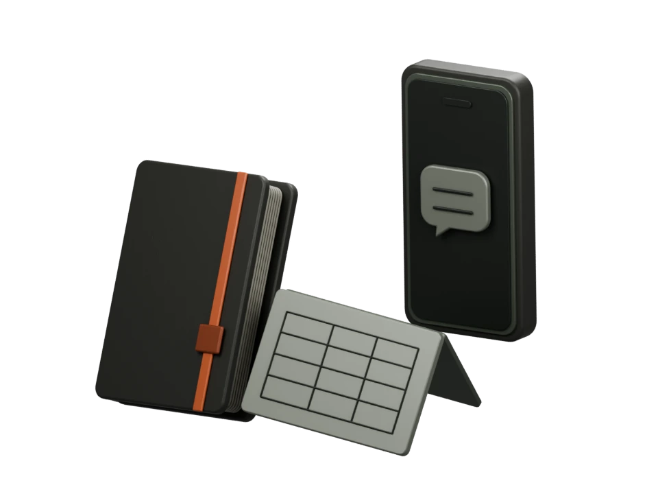 A notebook beside a phone conversation bubble and a separate metal ledger.