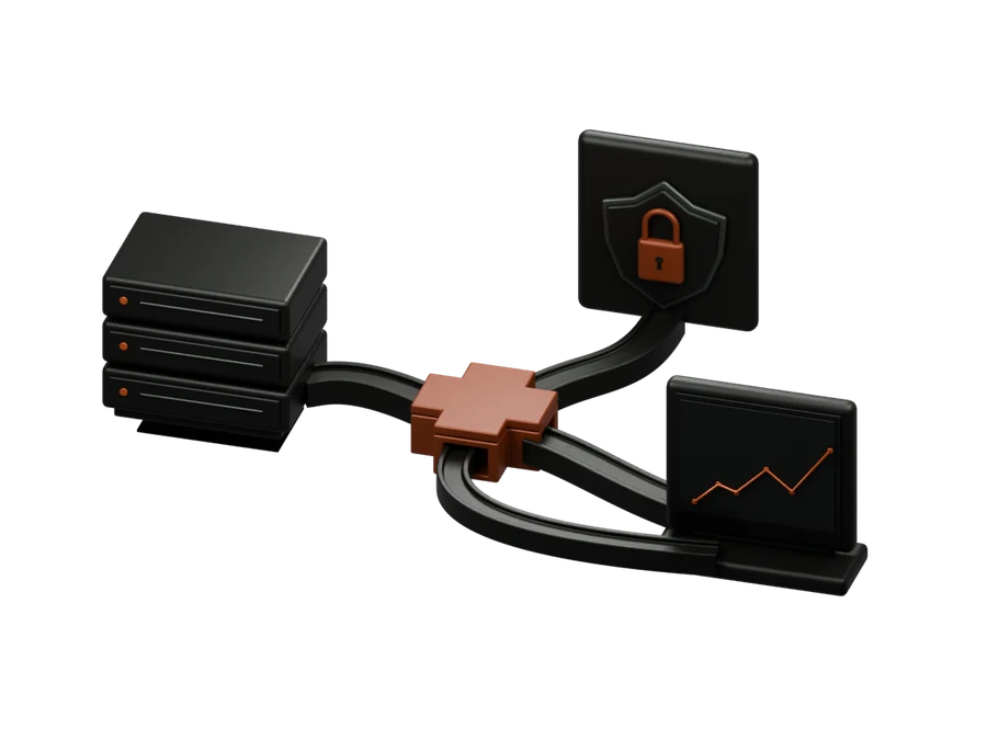 Connected graphite channels link a rust junction to moving server drawers, a shield and a hinged monitor.