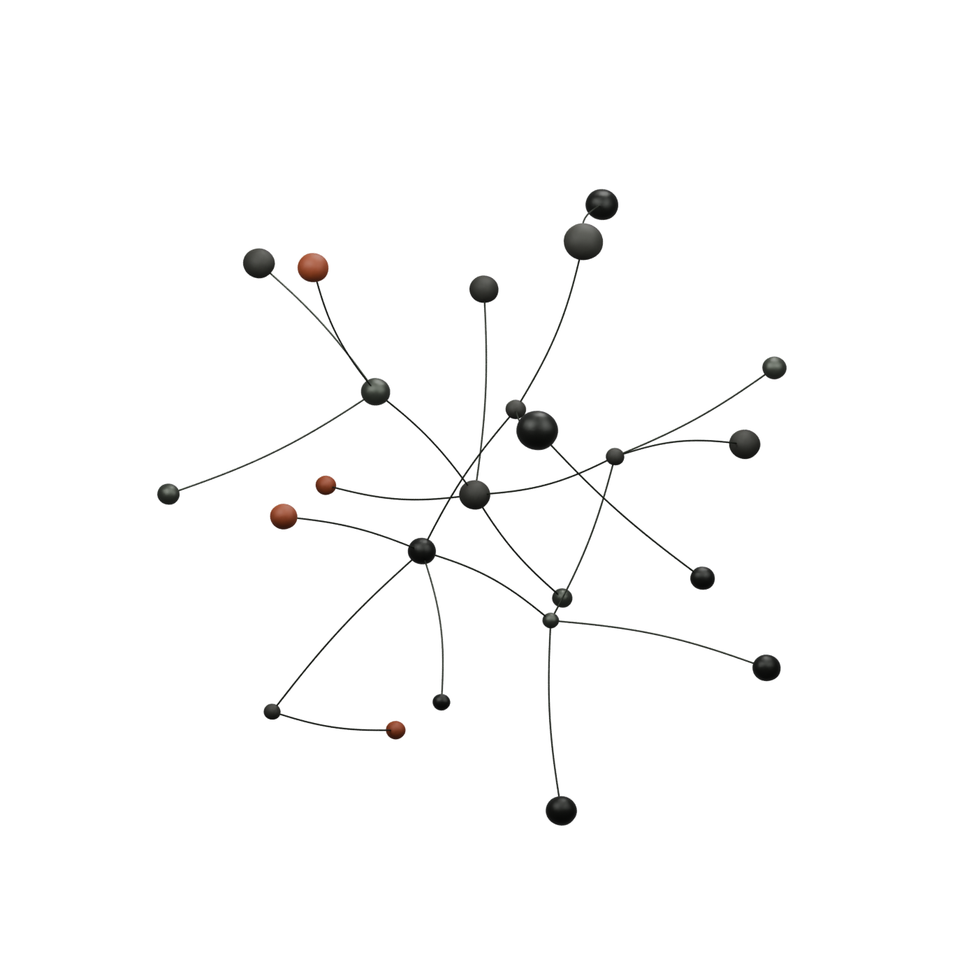 An open network of small dark clay and metal nodes joined by fine connections, with rust accents.