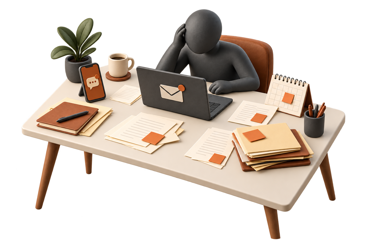 Before: an owner with a hand to their head, surrounded by separate messages and scattered customer notes.