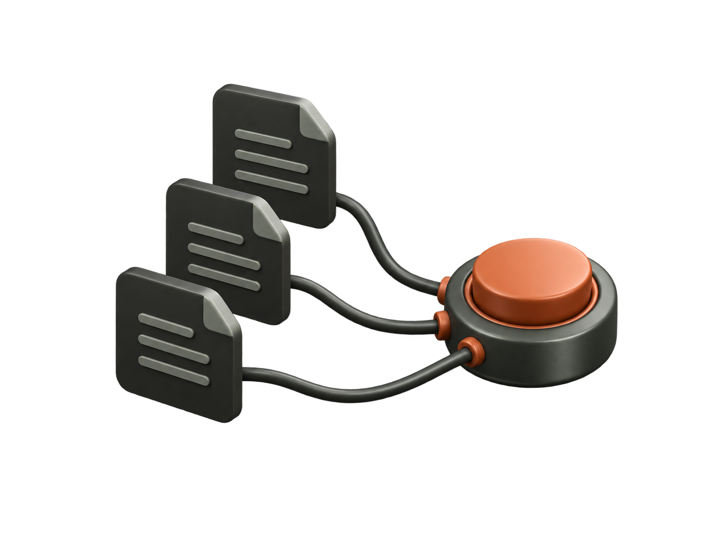 Three waiting documents converge on one rust-colored approval point.